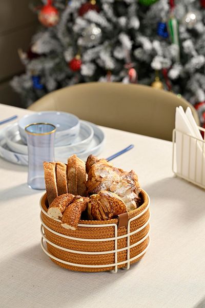 Edora Home Beige Round Bread Basket - Mustard Wicker Knitted, Macrame Stainless, Multi-Purpose Metal