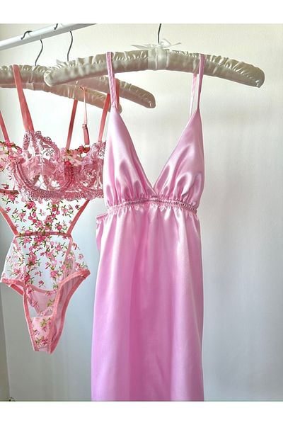 Feruzdesign Rochie cămașă de noapte Merilda din satin roz pentru femei