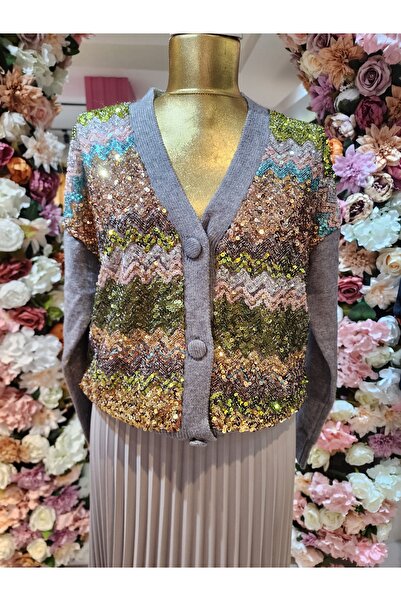 ROSSA Kadın Payet detaylı triko gri hırka