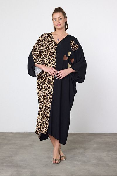 AYASOFYA OTANTIK Rochie cămașă lejeră supradimensionată pentru femei, cu broderie cu inimă neagră, cu model leopard