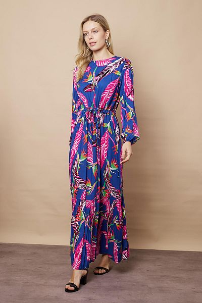 Jument Indigo Floral Print - Rochie de damă cu decolteu și talie cu șireturi