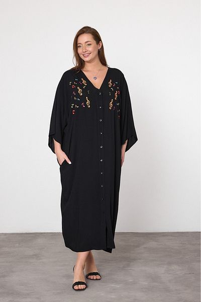 AYASOFYA OTANTIK Rochie cămașă largi supradimensionată cu broderie de broderie cu note muzicale negre pentru femei