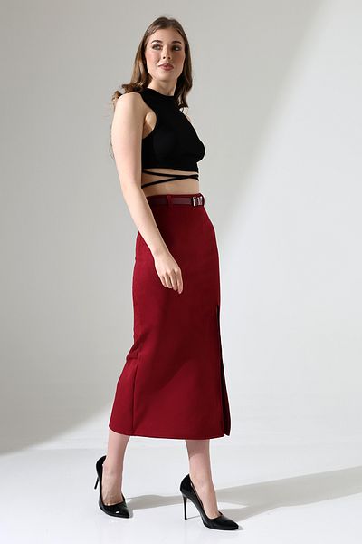 winmoda Fusta din piele intoarsa rosie Claret Lungime Maxi 92 Cm - Fusta din piele intoarsa cu fanta in fata