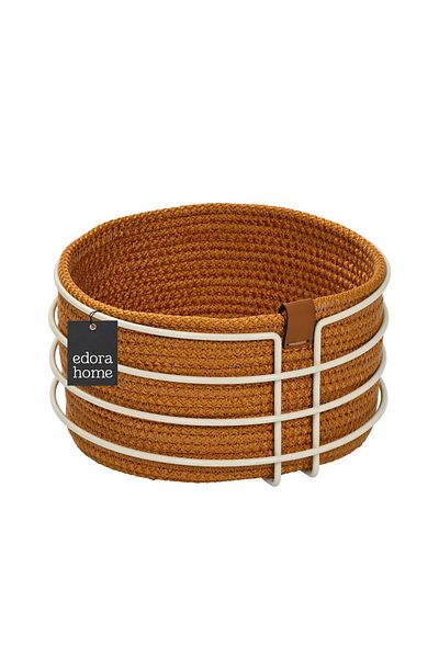 Edora Home Beige Round Bread Basket - Mustard Wicker Knitted, Macrame Stainless, Multi-Purpose Metal