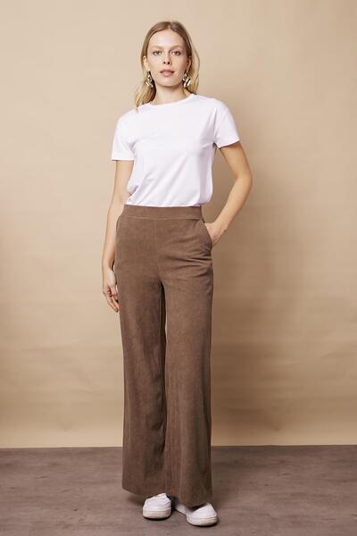 Jument Kadın Kadife Likralı Esnek Yumuşak Dokulu Yüksek Bel Yan Cepli Bol Paça Palazzo Pantolon-Vizon