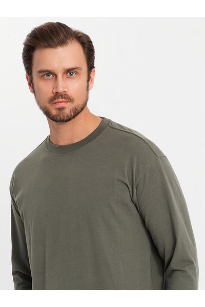 OMBRE Pánský bavlněný LOOSE FIT dlouhý rukáv s kulatým výstřihem - šedozelený V3 OM-LSBC-0129 XXL