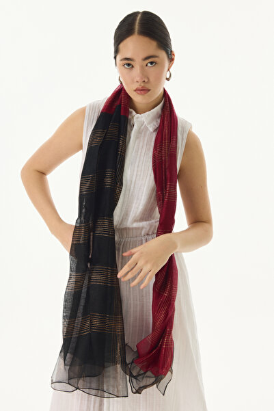 FENZA SCARF %40 İpek %60 Yün Şerit Desenli Omuz Şalı - Bordo