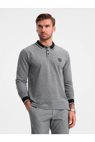 OMBRE Pánské melanžové polo s dlouhým rukávem s výšivkou - černá melanž V1 OM-POLS-0129 XL