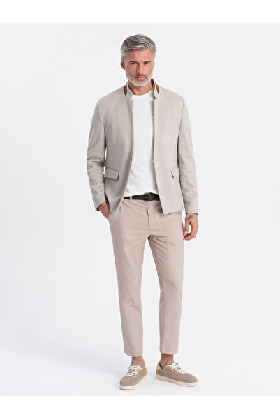 OMBRE Pánská melanžová bunda z umělého hedvábí se stojáčkem - béžová melanžová V3 OM-BLZB-0131 XXL