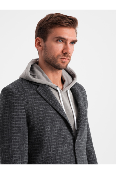 OMBRE Pánský kostkovaný blejzr s vlnou - grafit V2 OM-BLZB-0117 L