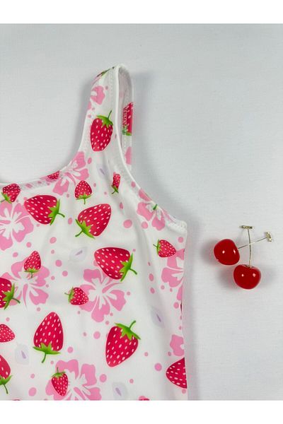 FUNELLA Strawberry Patterned Crew Neck Lycra Strap Children's Swimsuit