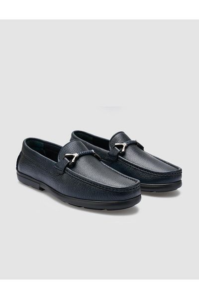 Cabani 100% Genuine Leather Navy Blue Buckle Detailed Men's Loafer