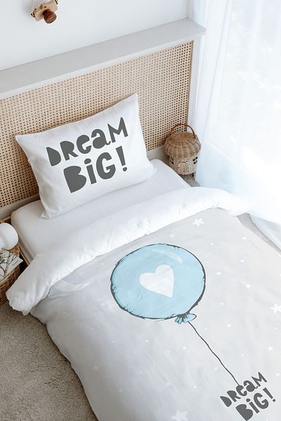 Tuğba Kuğu Single Duvet Cover Set (160X220) - Pure Baby Series - Blue Heart Balloon