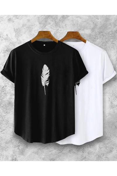 Wish BF Μαύρο και άσπρο φτερωτό με τύπωμα οβάλ μπλουζάκι σετ 2-τεμαχίων - Unisex