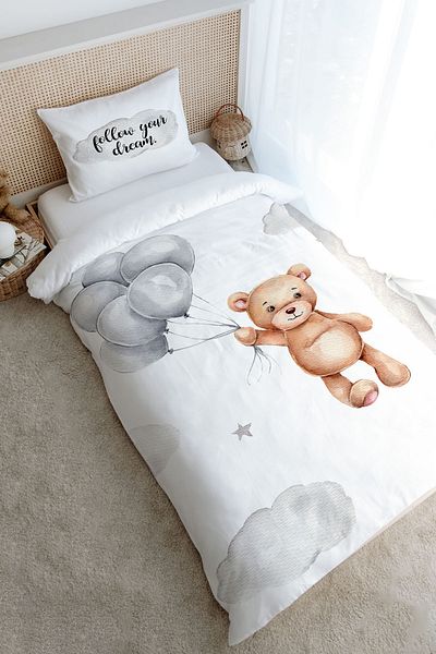 Tuğba Kuğu Single Duvet Cover Set (160X220) - Iconic Series - Bear Holding Balloons