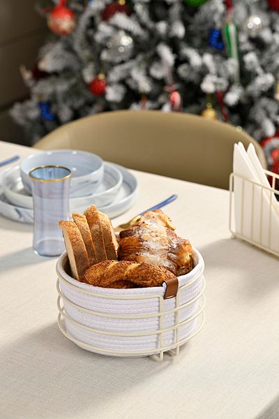 Edora Home Beige Round Bread Basket - Stylish, Wicker Knitted, Macrame, Multi-Purpose, Metal Stainless