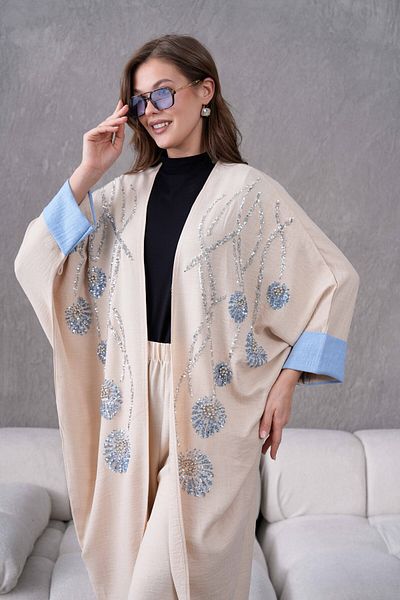 Miss Allos Women's Front Sequin Sequin Embroidered Stone and Pearl Detailed Linen Kimono and Trousers Bottom Top Set