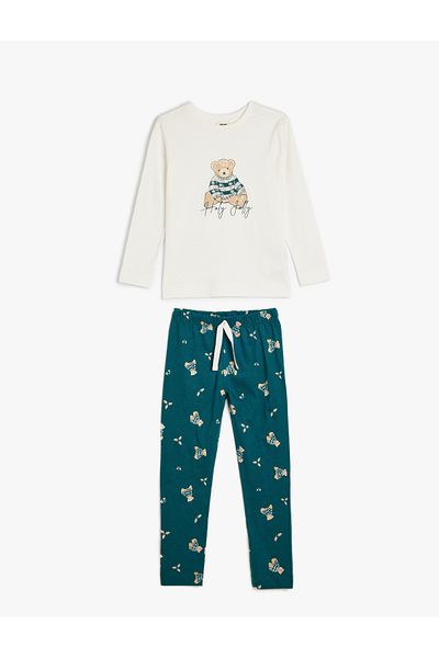 Koton Set de pijamale din bumbac cu mânecă lungă cu model ursuleț