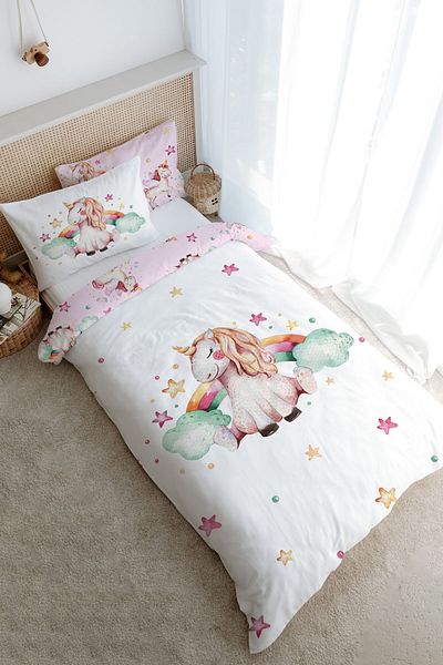 Tuğba Kuğu Baby Series - Single Rainbow Unicorn Duvet Cover Set (160X220)