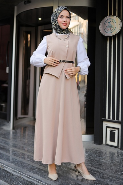 Bestenur Stone Color Asile Vest and Skirt Set - 1341