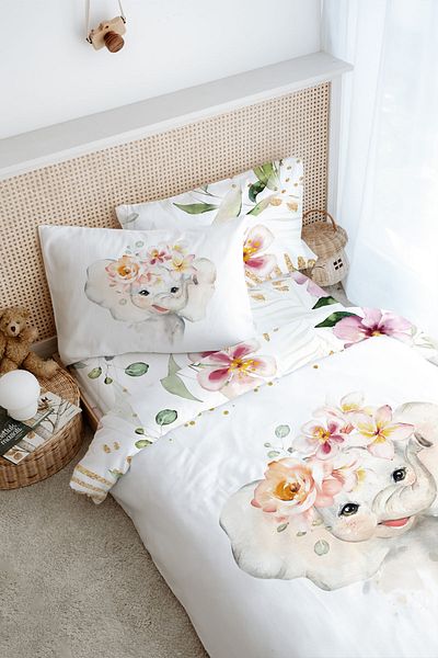 Tuğba Kuğu Single Duvet Cover Set (160X220) - for Baby Series - Watercolor Elephant
