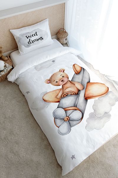 Tuğba Kuğu Single Duvet Cover Set (160X220) - Pure Baby Series - Flying Bear