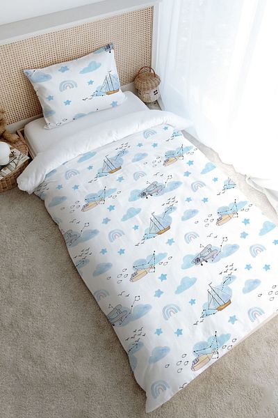 Tuğba Kuğu Single Duvet Cover Set (160X220) - Iconic Series - Rainbow with Blue Air Balloon