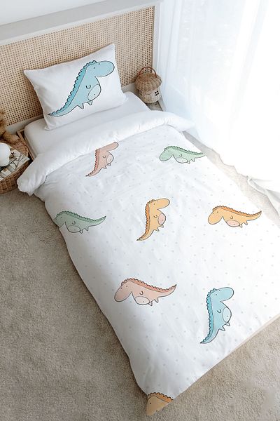 Tuğba Kuğu Single Duvet Cover Set (160X220) - Iconic Series - Colorful Dinosaurs