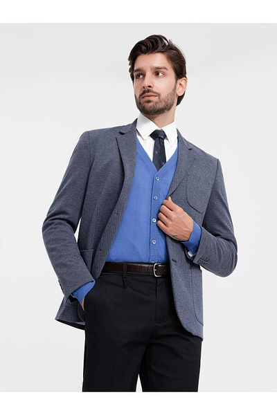 OMBRE Taillierter eleganter Herren Blazer aus Strukturstrick - Marineblau V1 OM-BLZB-0129 XXL