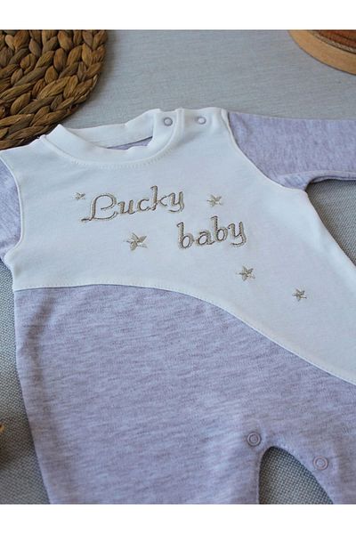 Ecenaz 0-3 3-6 Months Lucky Baby Embroidered Lined Hat Baby Boy Romper Coffee Length