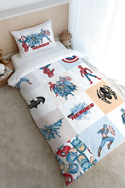 Tuğba Kuğu Single Duvet Cover Set (160X220) - Cartoon Series - Super Heroes Patchwork