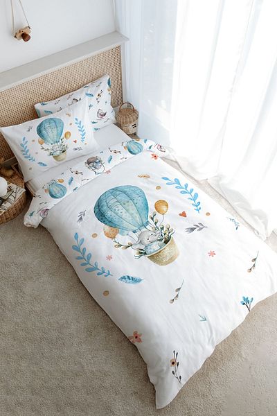 Tuğba Kuğu Single Duvet Cover Set (160X220) - for Baby Series - Elephant in Blue Balloon