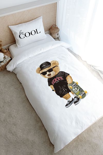 Tuğba Kuğu Single Duvet Cover Set (160X220) - Pure Baby Series - Teddy Bear with Skateboard