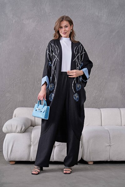 Miss Allos Női flitteres flitteres hímzés, kő és gyöngy részletes vászon kimonó és nadrág alsó felső szett