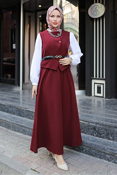 Bestenur Burgundy Asile Vest and Skirt Set - 1341