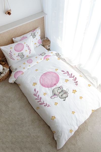 Tuğba Kuğu Pink Single Duvet Cover Set for Baby Series - Elephant with Big Balloon (160X220)