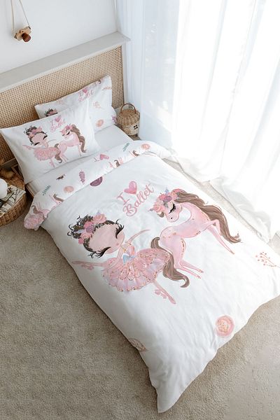 Tuğba Kuğu Pink Tutu Single Duvet Cover Set for Baby Series - Ballerina and Unicorn Pattern (160X220)