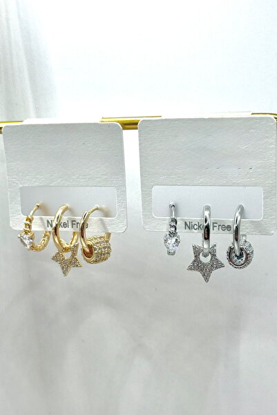 DEMOKAN Kadın Küpe İthal Özel Seri 3'lü Yıldız Charm Küçük Zirkon Kalp Taş Kararmaz Küpe