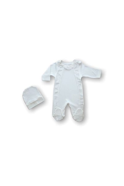 Ecenaz 0-3 3-6 Months Tulle Ruffle Detailed Hat Long Sleeve Baby Girl Romper Ecru