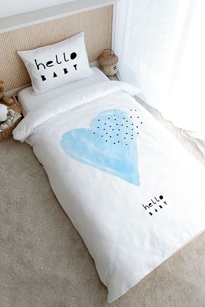 Tuğba Kuğu Single Duvet Cover Set (160X220) - Pure Baby Series - Blue Romantic Heart