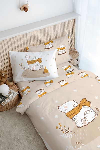 Tuğba Kuğu Single Duvet Cover Set for Baby Series - Brown Scarf Bear Pattern (160X220)
