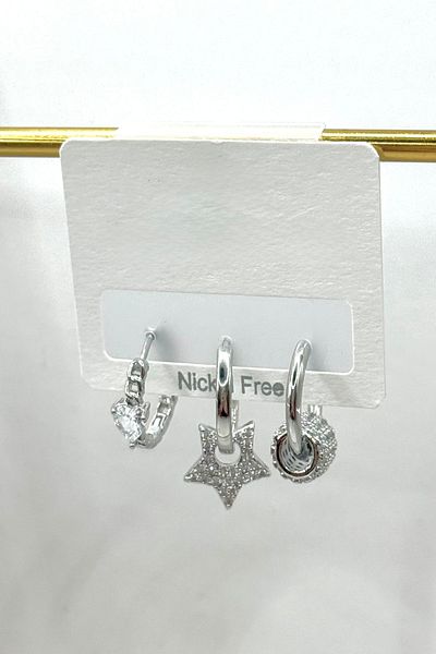 DEMOKAN Women's Earrings Imported Special Series 3 Star Charm Small Zircon Heart Stone Non Tarnish Earrings