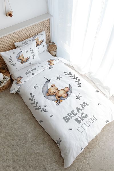 Tuğba Kuğu Single Duvet Cover Set (160X220) - for Baby Series - Bear Sleeping on the Moon