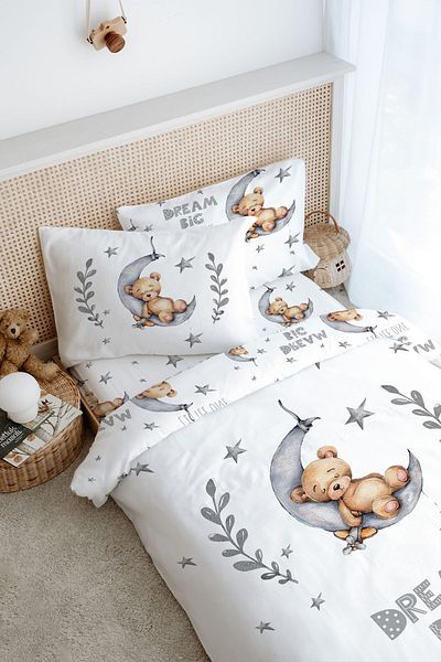 Tuğba Kuğu Single Duvet Cover Set (160X220) - for Baby Series - Bear Sleeping on the Moon