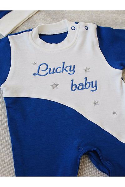 Ecenaz 0-3 3-6 Months Lucky Baby Embroidered Lined Hat Boy Baby Romper Navy Blue