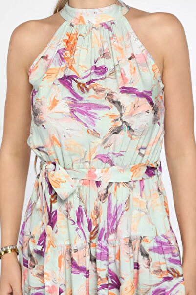 GÜLSELİ Patterned Viscose Dress - Aquagreen and Waist Belted