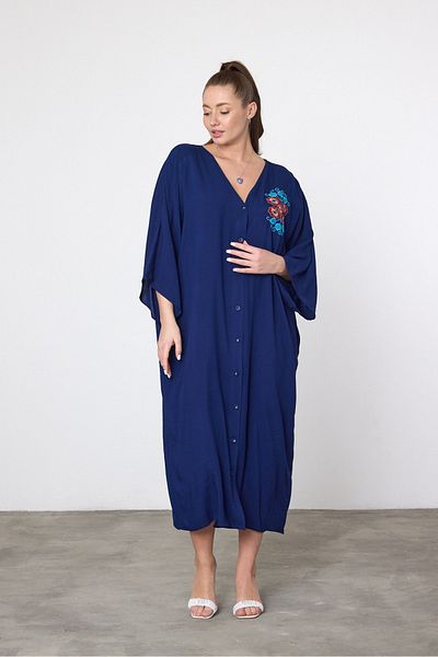 AYASOFYA OTANTIK Women's Navy Blue Floral Embroidery Detailed Oversize Loose Shirt Dress