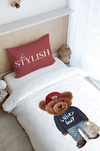 Tuğba Kuğu Single Duvet Cover Set (160X220) - Pure Baby Series - Sportmen Teddy Bear