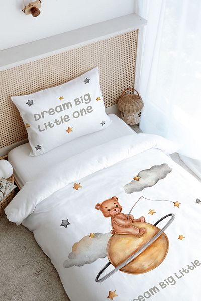 Tuğba Kuğu Single Duvet Cover Set (160X220) - Pure Baby Series - Bear Holding a Star