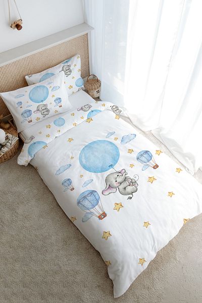 Tuğba Kuğu Blue Single Duvet Cover Set for Baby Series - Elephant with Big Balloon (160X220)
